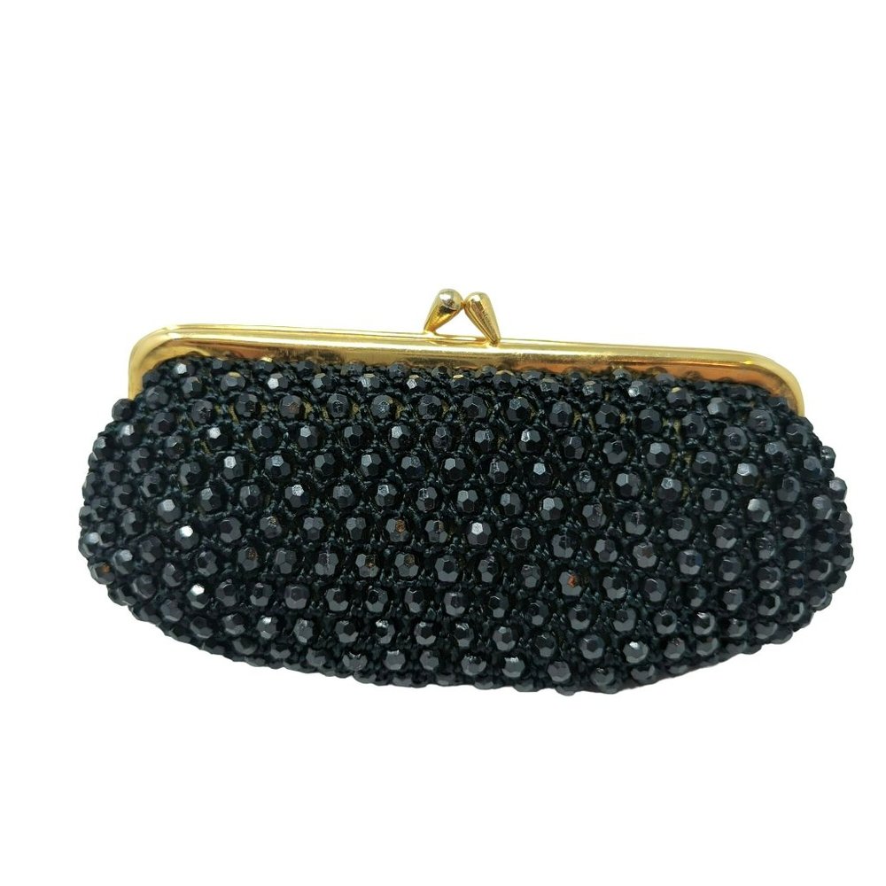 Vintage Black Beaded Clutch Kiss Lock Formal
